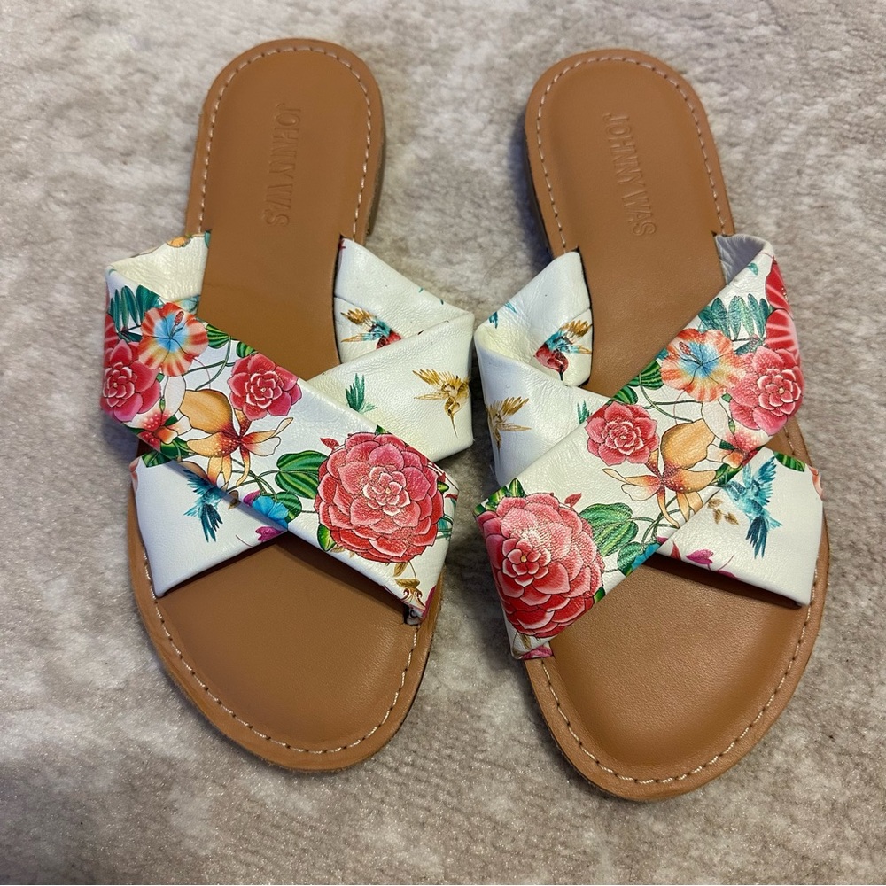NEW Johnny Was Andra Cross Floral Flat Leather Sandals